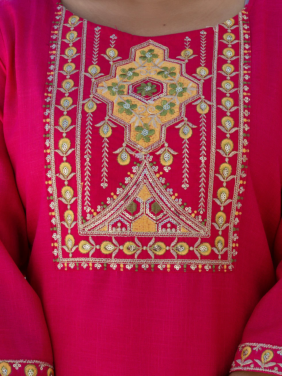 Floral Embroidered Pure Cotton Round Neck Kurta Trouser And Dupatta Set