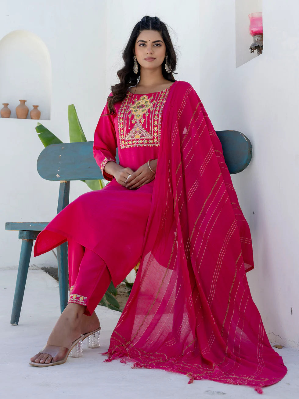 Floral Embroidered Pure Cotton Round Neck Kurta Trouser And Dupatta Set