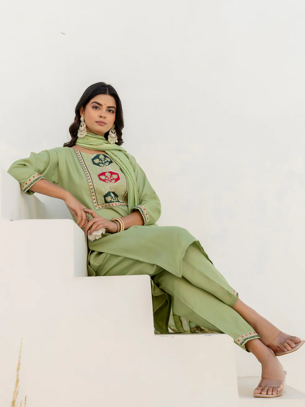 Floral Embroidered Pure Cotton Round Neck Kurta Trouser And Dupatta Set