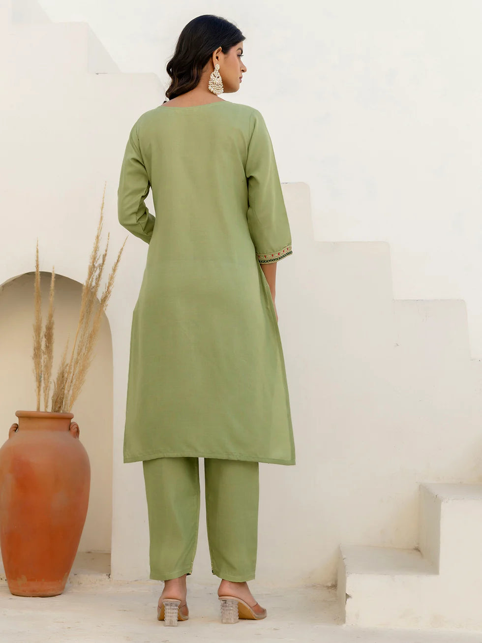 Floral Embroidered Pure Cotton Round Neck Kurta Trouser And Dupatta Set