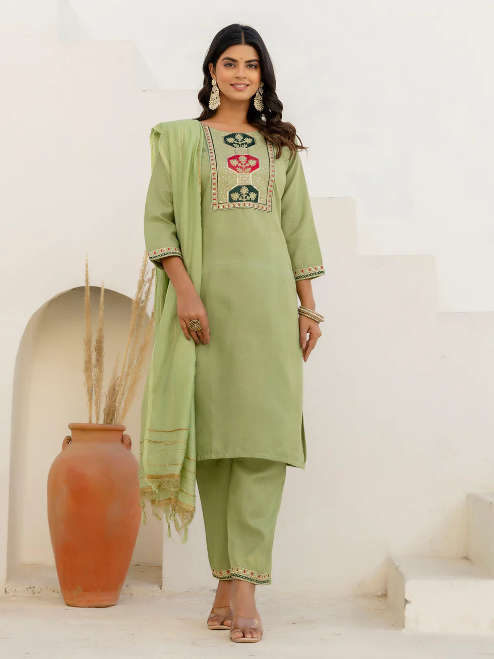 Floral Embroidered Pure Cotton Round Neck Kurta Trouser And Dupatta Set