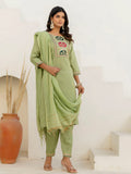 Floral Embroidered Pure Cotton Round Neck Kurta Trouser And Dupatta Set