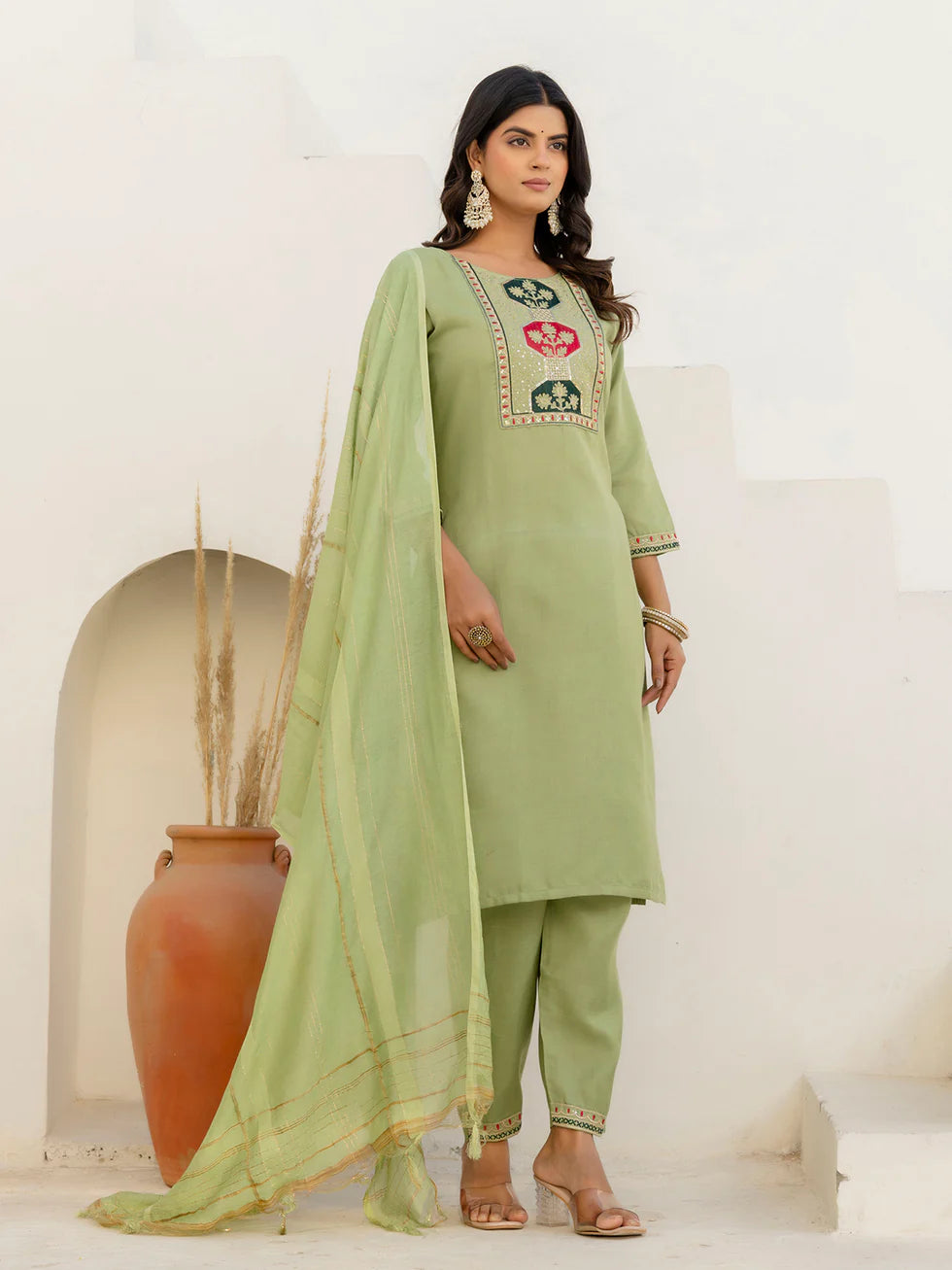 Floral Embroidered Pure Cotton Round Neck Kurta Trouser And Dupatta Set