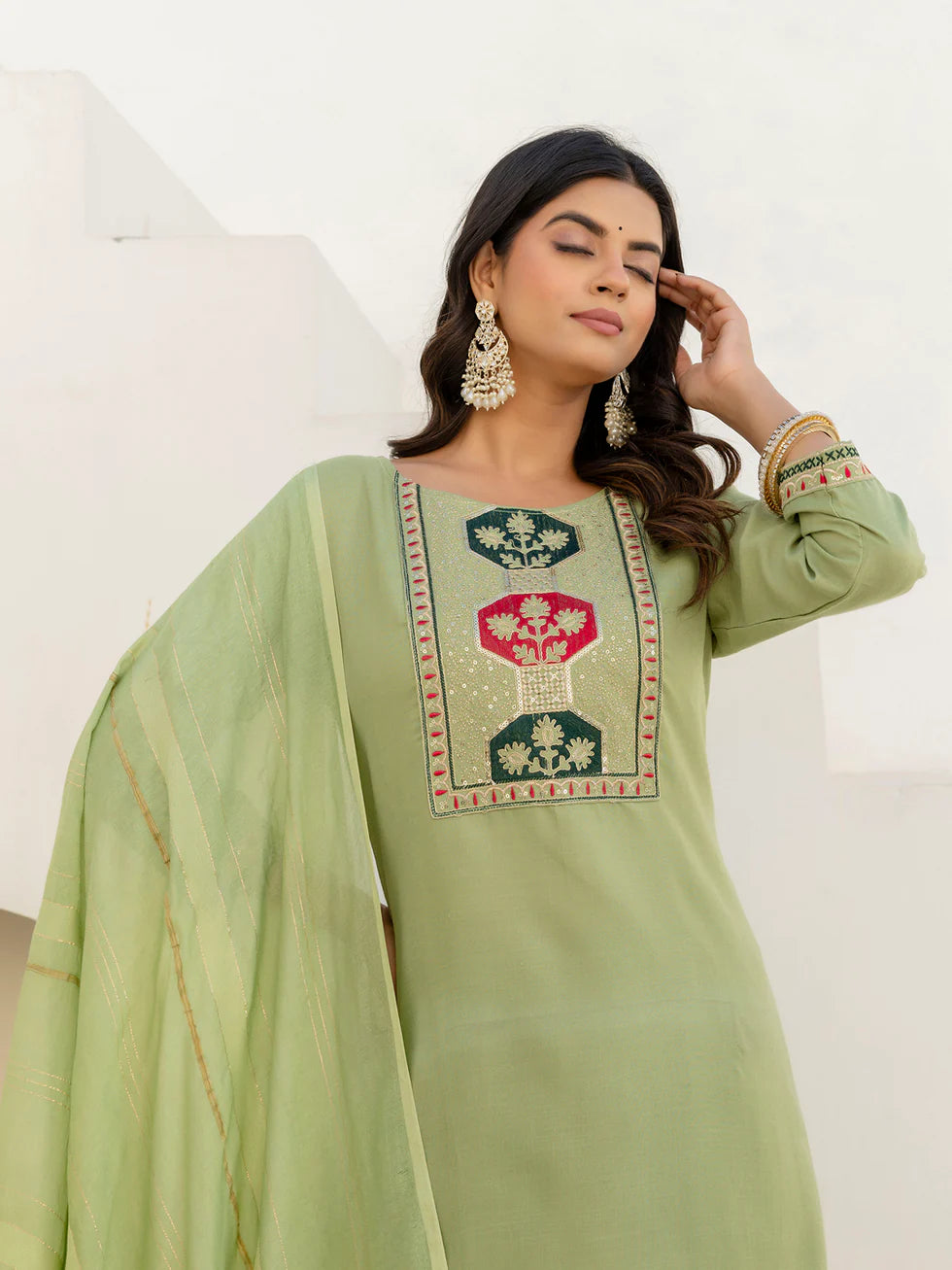 Floral Embroidered Pure Cotton Round Neck Kurta Trouser And Dupatta Set