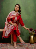 Floral Embroidered Pure Cotton Round Neck Kurta Trouser And Dupatta Set
