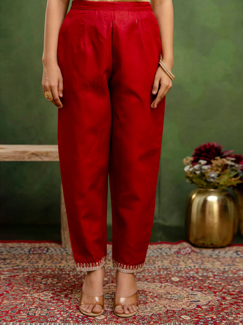 Floral Embroidered Pure Cotton Round Neck Kurta Trouser And Dupatta Set