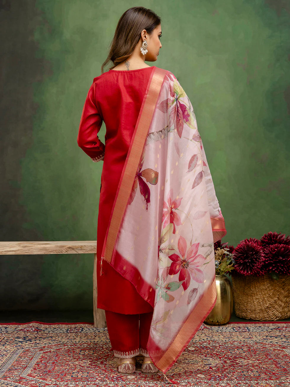 Floral Embroidered Pure Cotton Round Neck Kurta Trouser And Dupatta Set