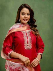 Gulnaar Maroon Embroidered Kurta Set with Floral Organza Dupatta