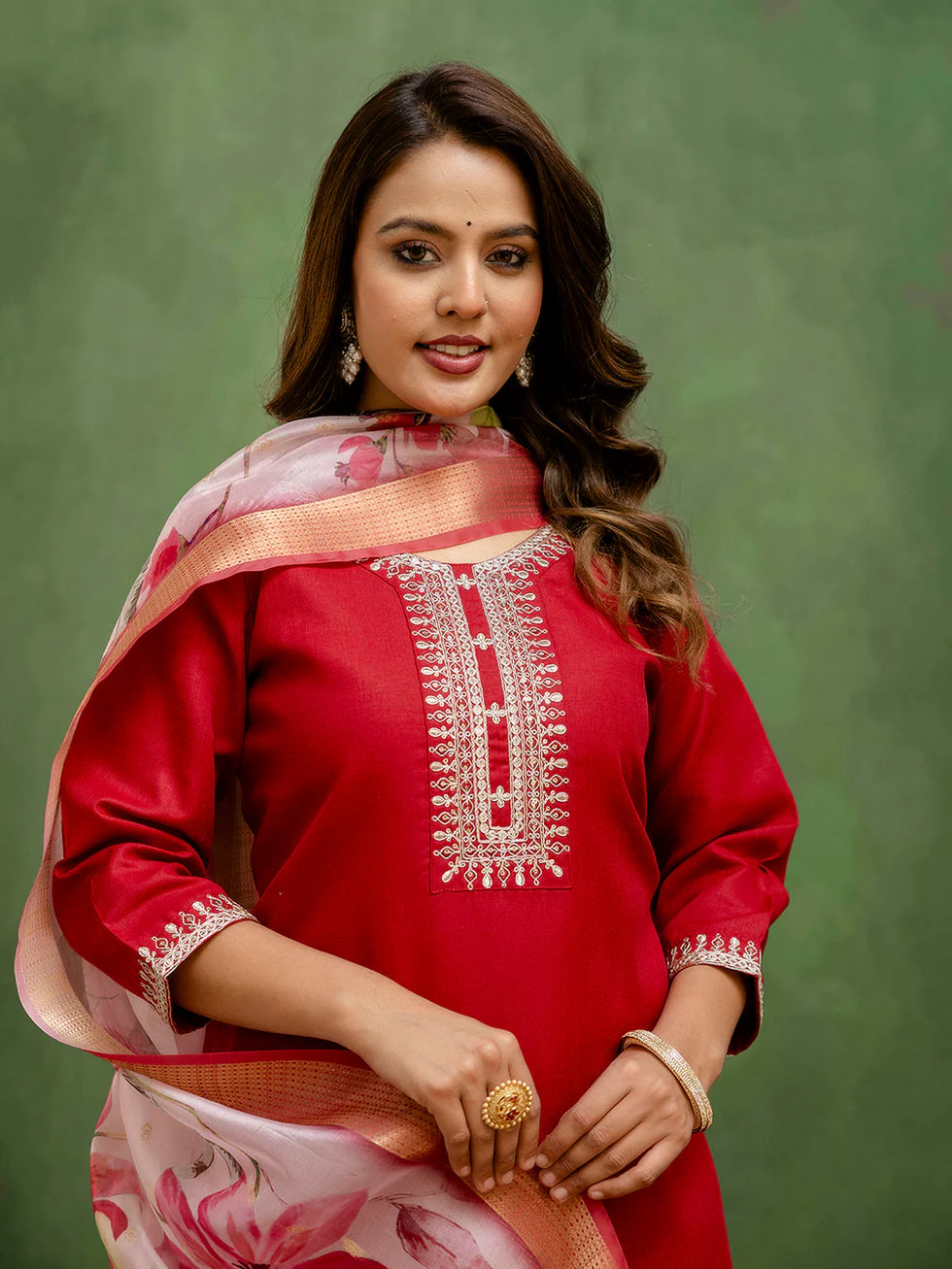 Floral Embroidered Pure Cotton Round Neck Kurta Trouser And Dupatta Set