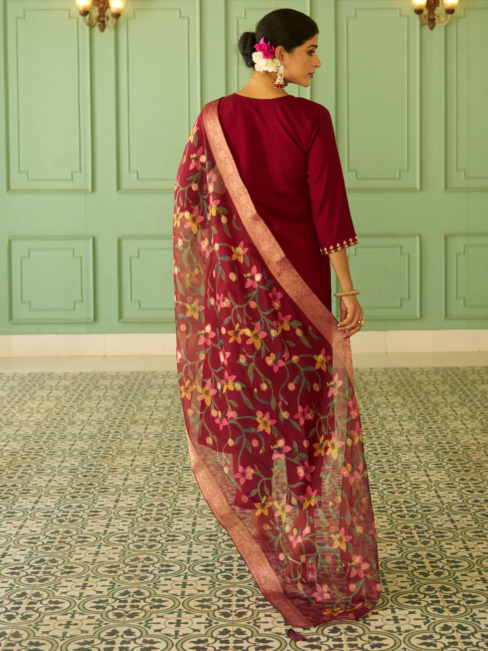 Floral Embroidered Silk Blend Round Neck Kurta Trouser & Dupatta Set