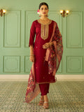 Floral Embroidered Silk Blend Round Neck Kurta Trouser & Dupatta Set