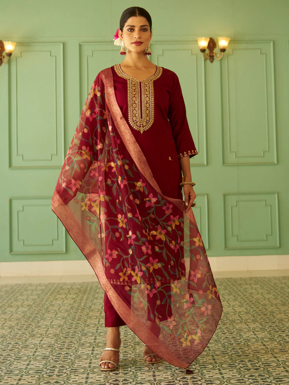 Floral Embroidered Silk Blend Round Neck Kurta Trouser & Dupatta Set
