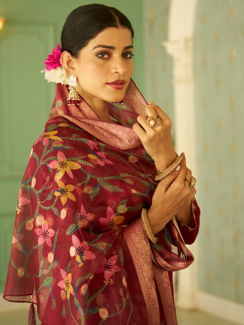 Floral Embroidered Silk Blend Round Neck Kurta Trouser & Dupatta Set
