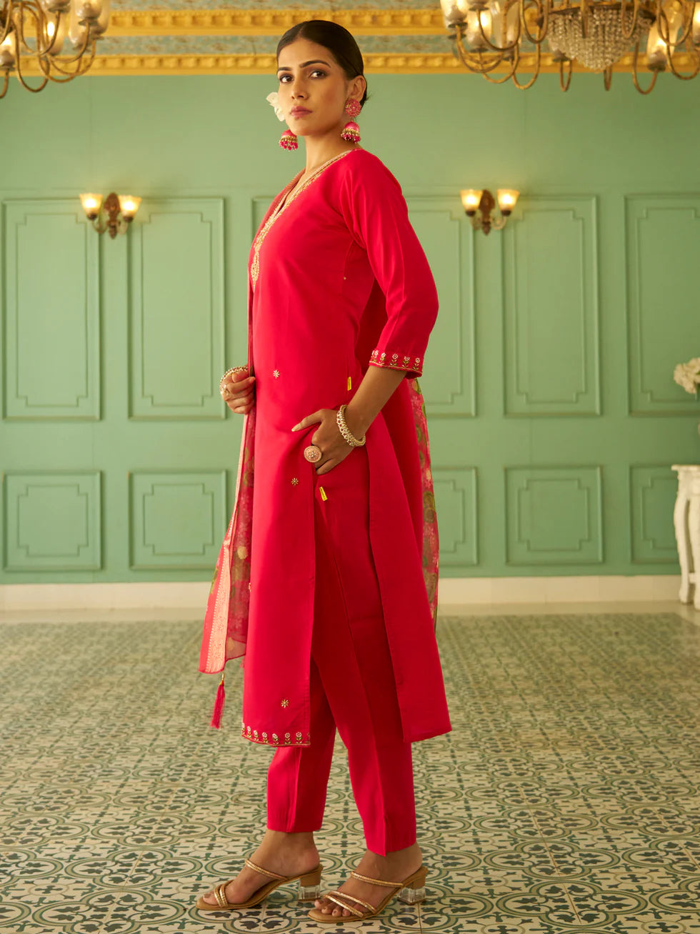 Floral Embroidered Silk Blend V Neck Kurta Trouser & Dupatta Set