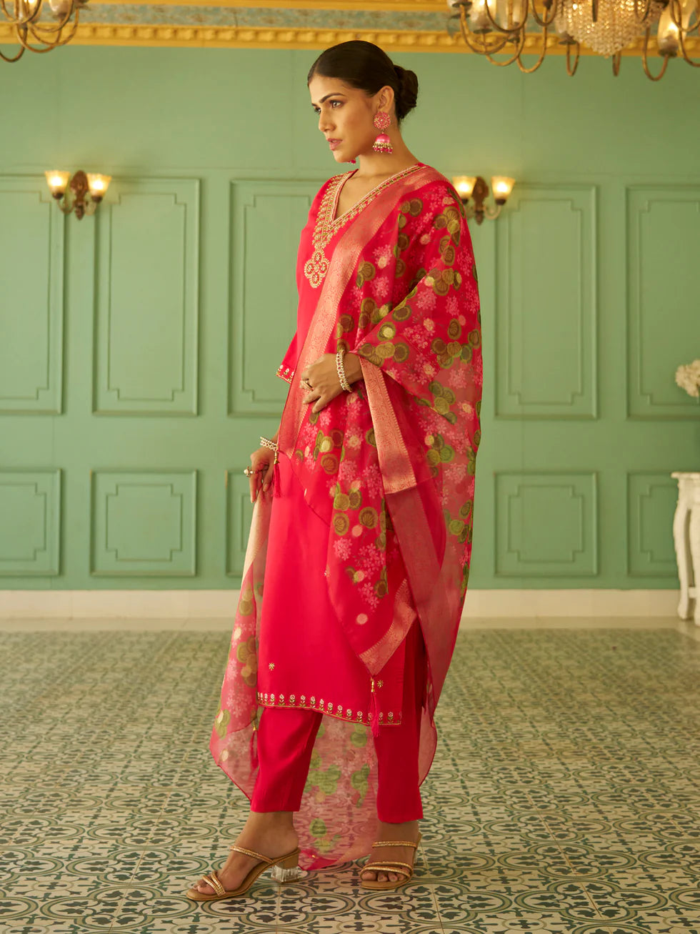Floral Embroidered Silk Blend V Neck Kurta Trouser & Dupatta Set