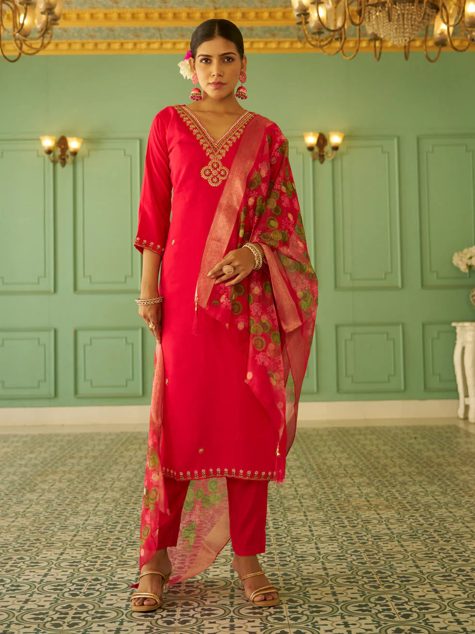 Floral Embroidered Silk Blend V Neck Kurta Trouser & Dupatta Set