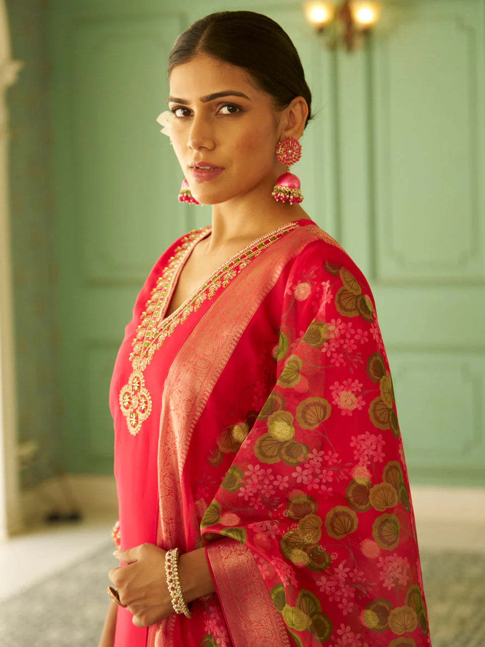 Floral Embroidered Silk Blend V Neck Kurta Trouser & Dupatta Set