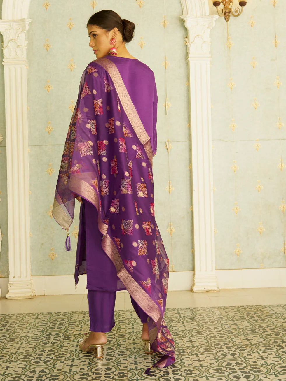 Floral Embroidered Silk Blend V Neck Kurta Trouser & Dupatta Set