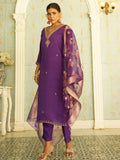 Floral Embroidered Silk Blend V Neck Kurta Trouser & Dupatta Set