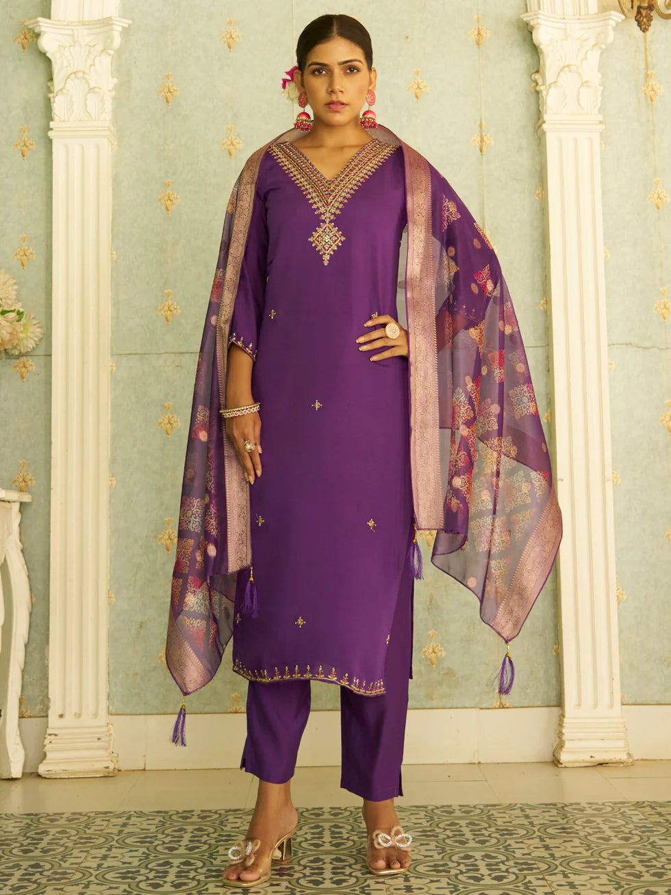 Floral Embroidered Silk Blend V Neck Kurta Trouser & Dupatta Set