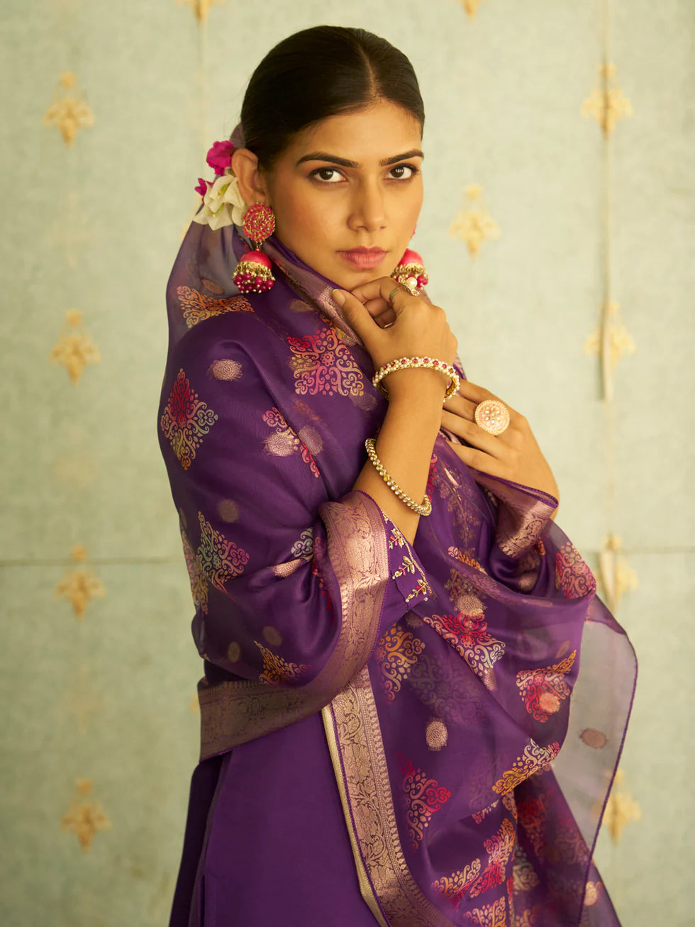 Floral Embroidered Silk Blend V Neck Kurta Trouser & Dupatta Set