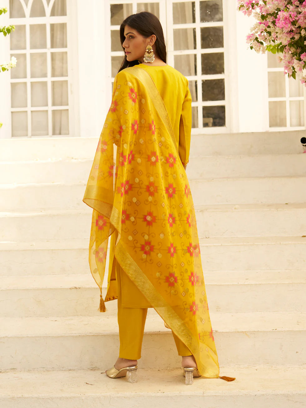 Floral Embroidered Silk Blend Round Neck Kurta Trouser & Dupatta Set