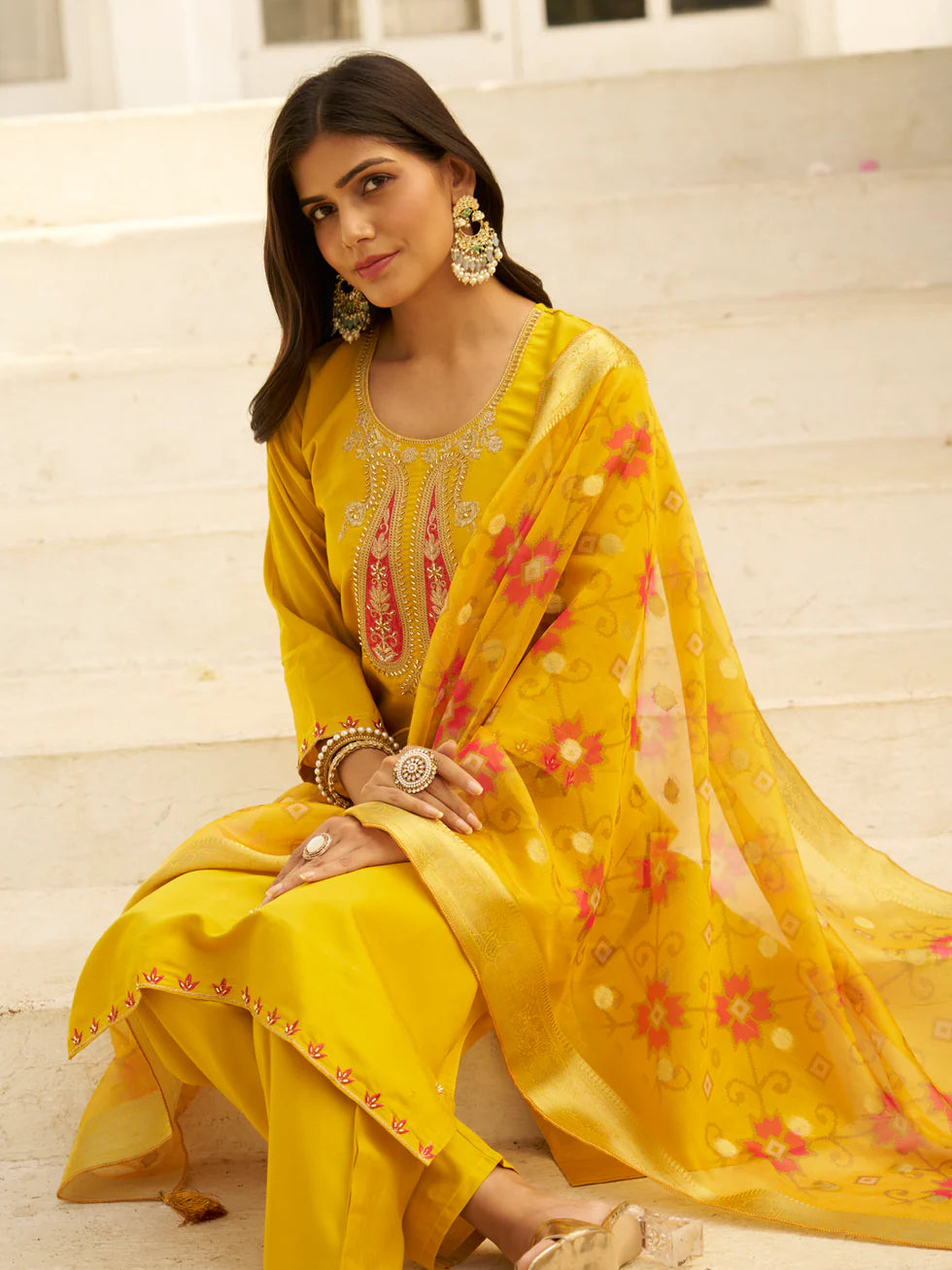 Floral Embroidered Silk Blend Round Neck Kurta Trouser & Dupatta Set