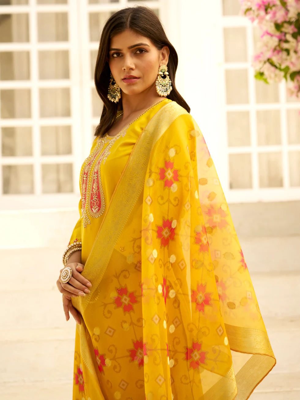 Floral Embroidered Silk Blend Round Neck Kurta Trouser & Dupatta Set