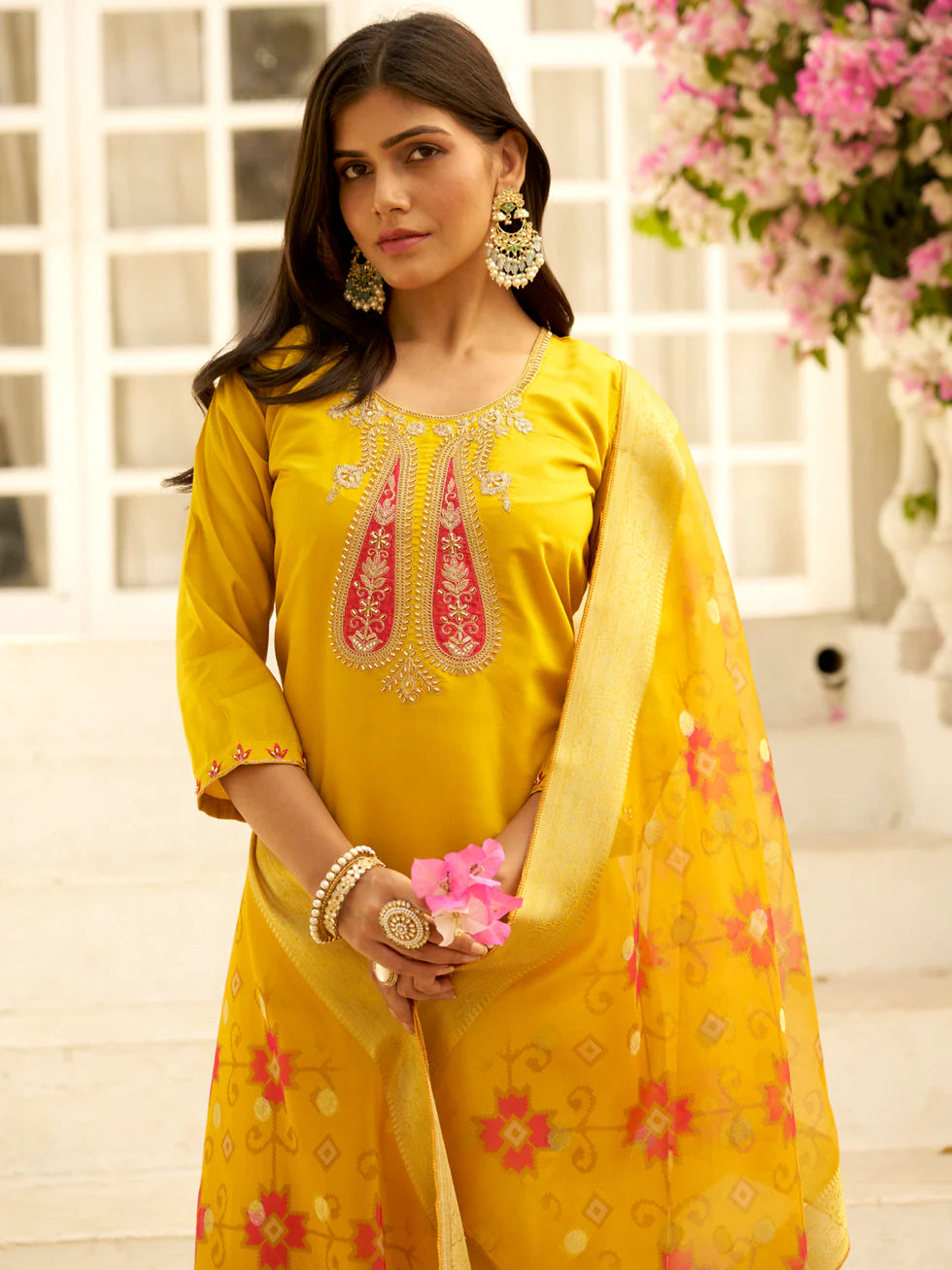 Floral Embroidered Silk Blend Round Neck Kurta Trouser & Dupatta Set