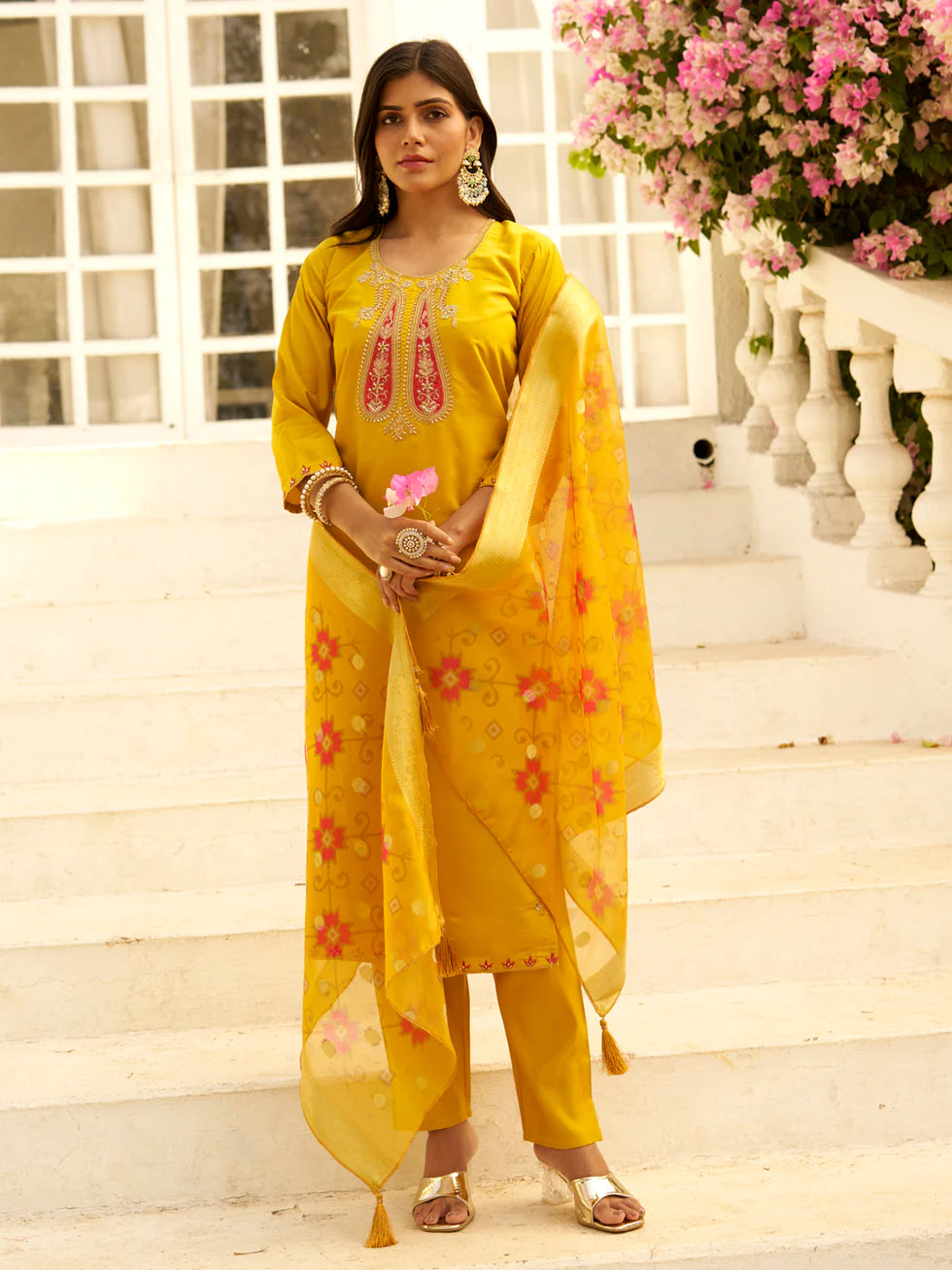 Floral Embroidered Silk Blend Round Neck Kurta Trouser & Dupatta Set