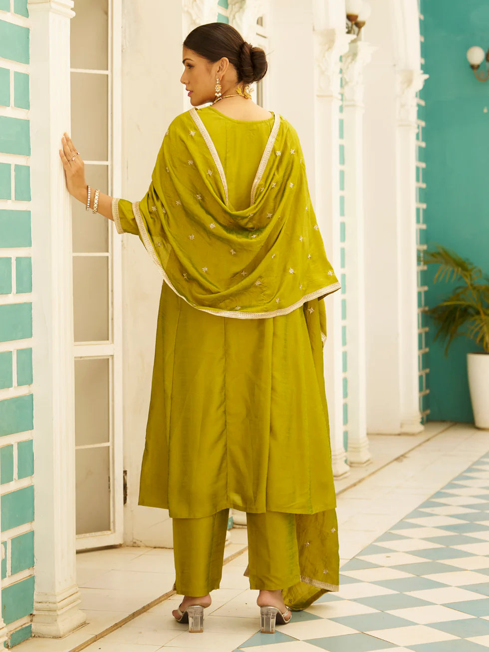 Floral Embroidered Silk Blend Round Neck Kurta Trouser & Dupatta Set