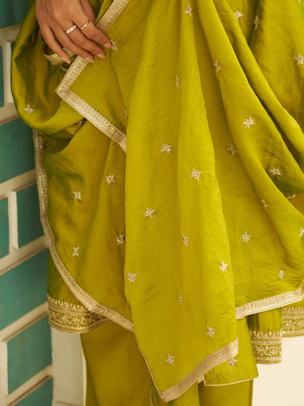 Floral Embroidered Silk Blend Round Neck Kurta Trouser & Dupatta Set