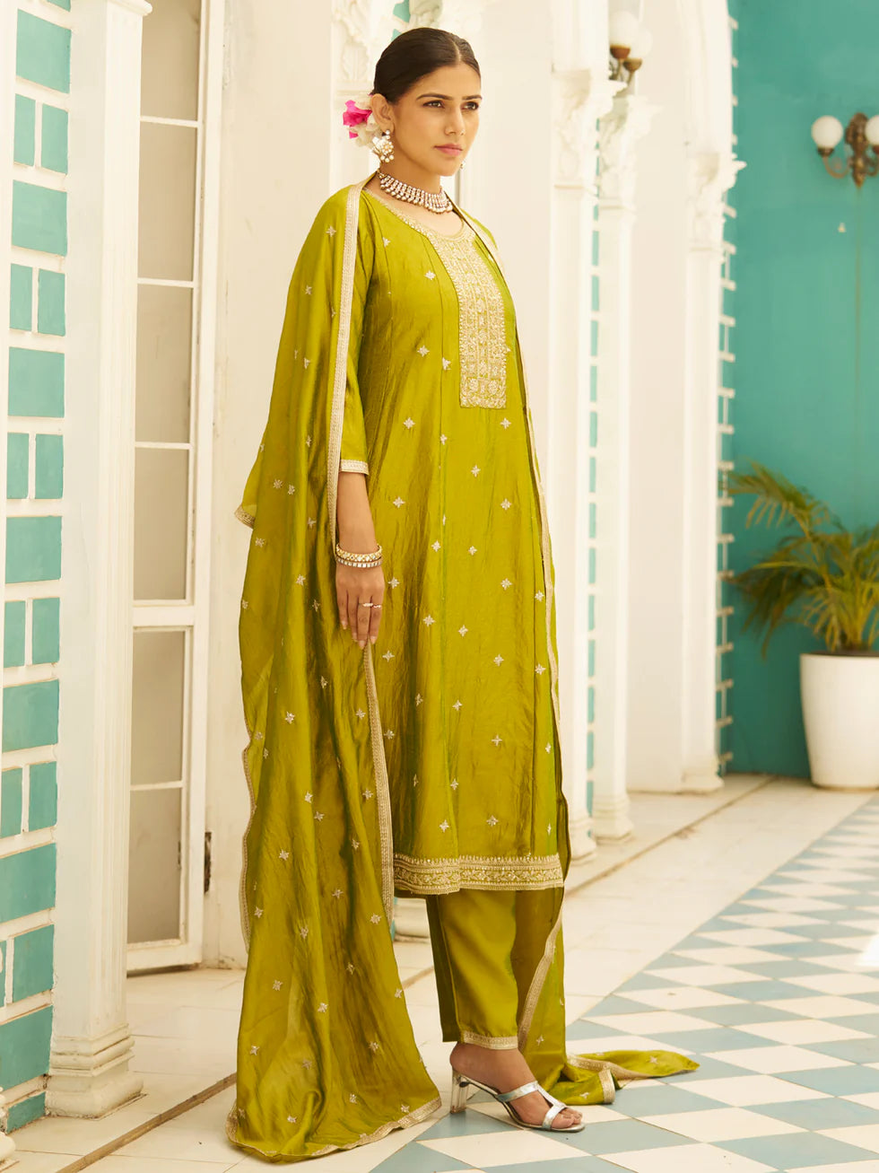 Floral Embroidered Silk Blend Round Neck Kurta Trouser & Dupatta Set