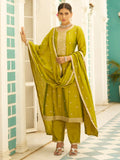 Floral Embroidered Silk Blend Round Neck Kurta Trouser & Dupatta Set