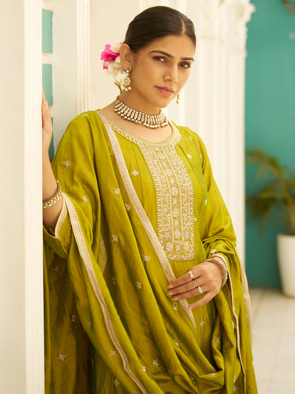 Floral Embroidered Silk Blend Round Neck Kurta Trouser & Dupatta Set