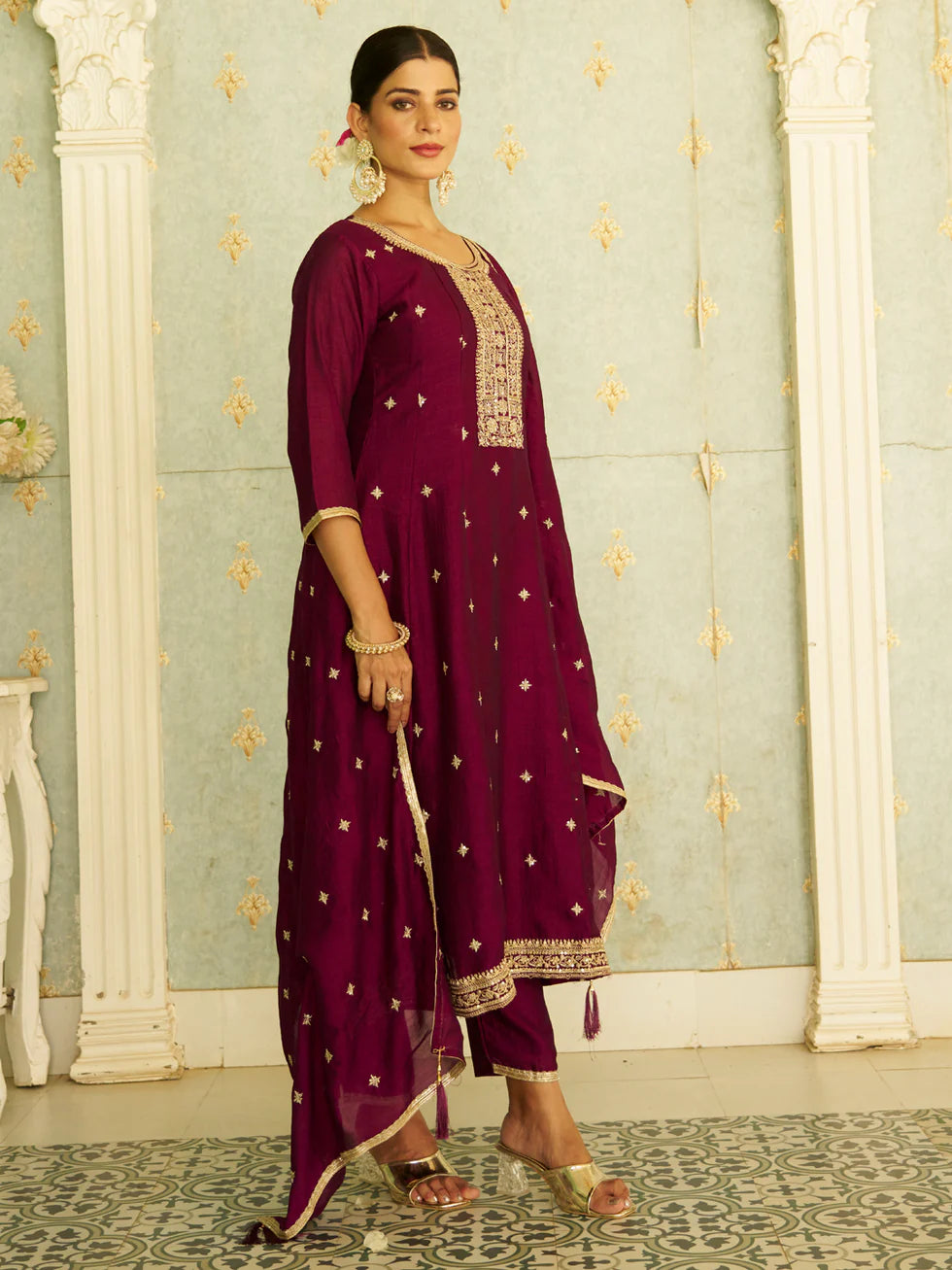 Floral Embroidered Silk Blend Round Neck Kurta Trouser & Dupatta Set