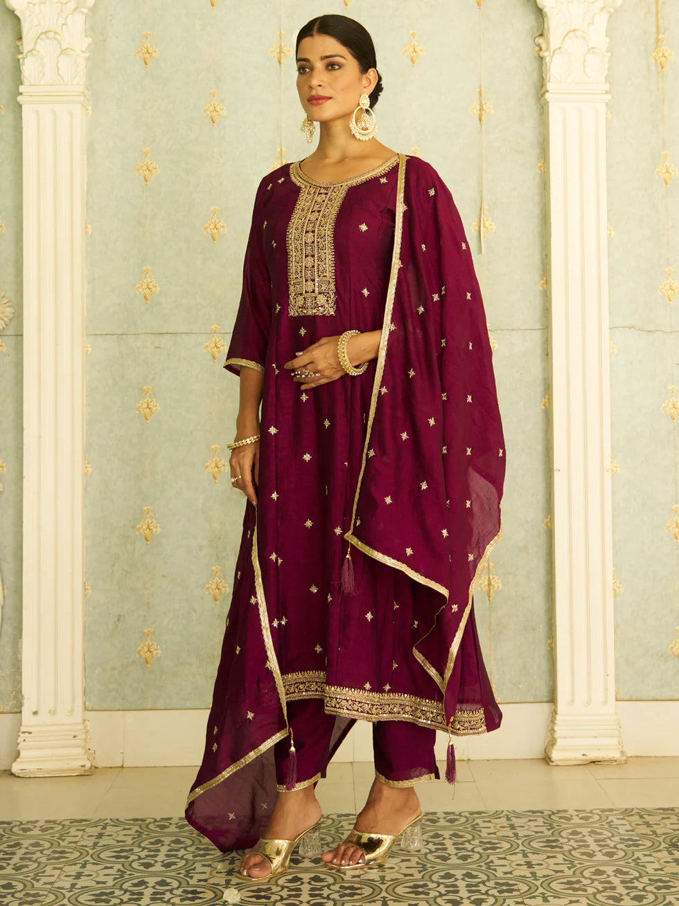 Floral Embroidered Silk Blend Round Neck Kurta Trouser & Dupatta Set