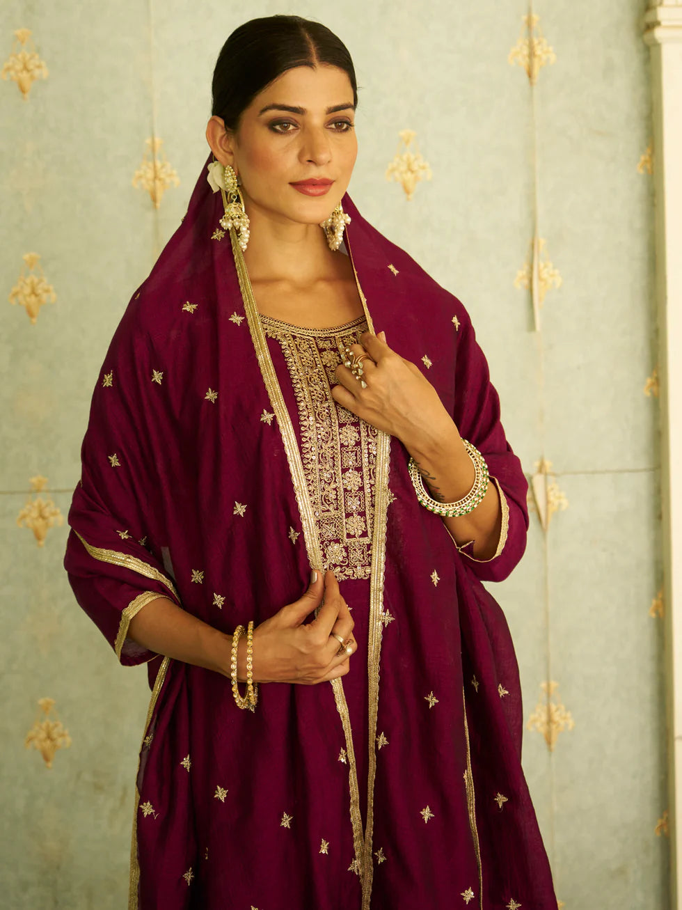 Floral Embroidered Silk Blend Round Neck Kurta Trouser & Dupatta Set