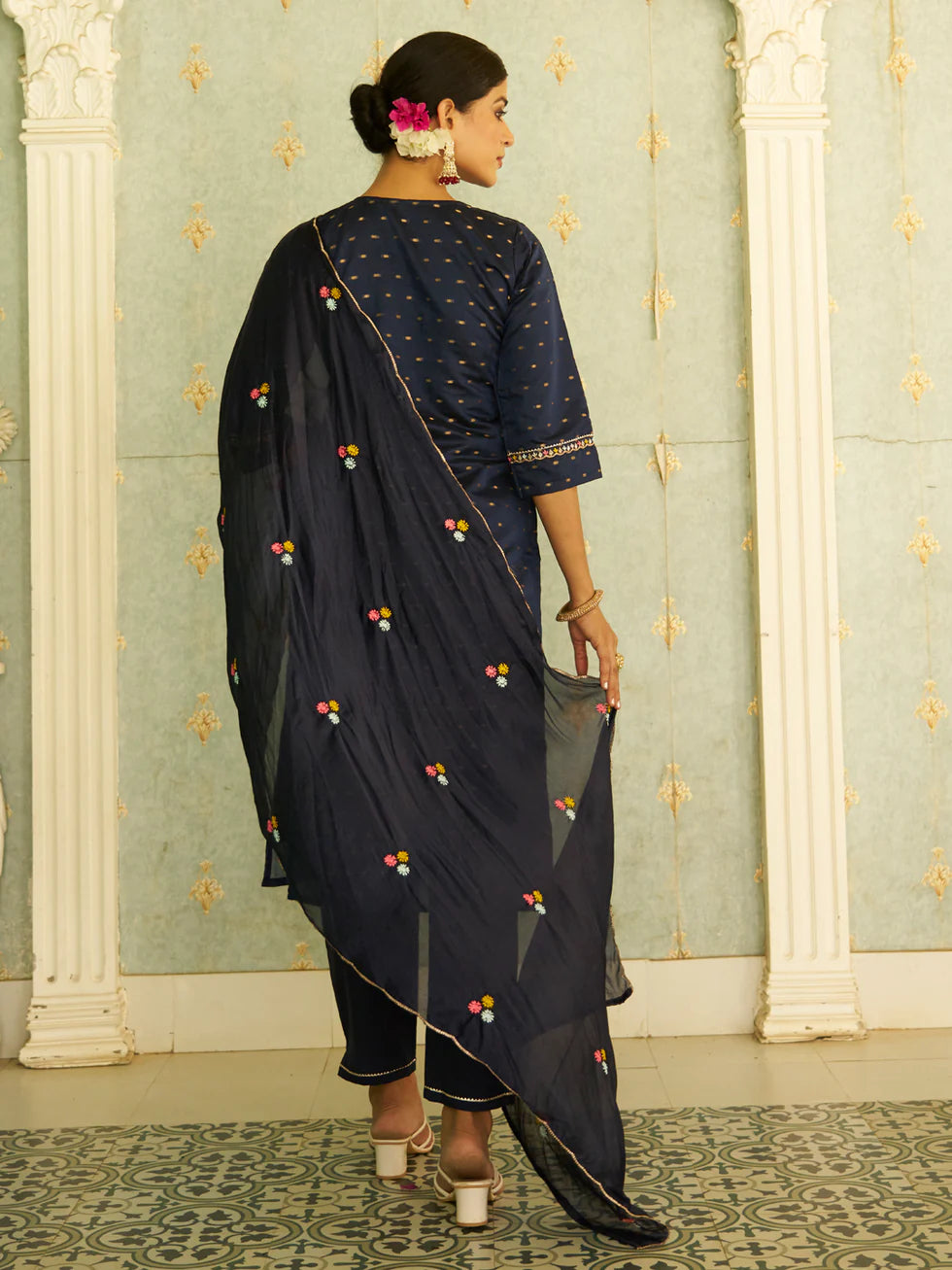 Floral Embroidered Chanderi Silk Round Neck Kurta Trouser And Dupatta Set