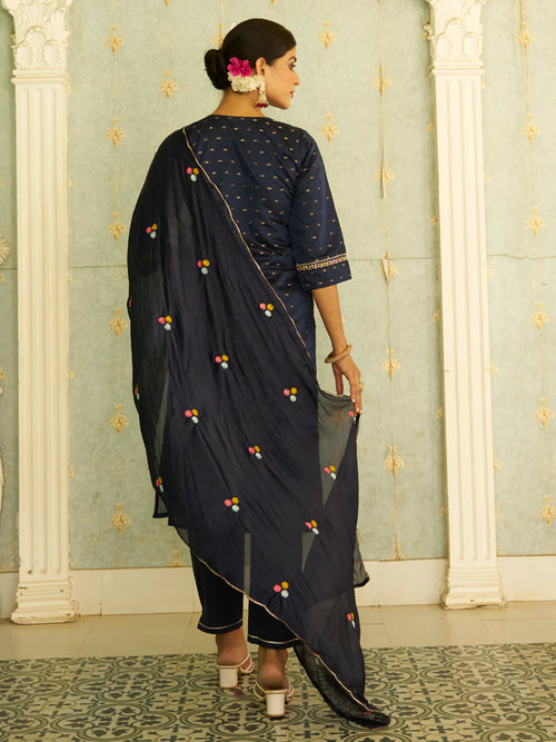 Floral Embroidered Chanderi Silk Round Neck Kurta Trouser And Dupatta Set