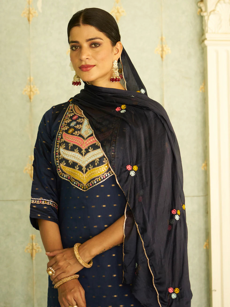 Floral Embroidered Chanderi Silk Round Neck Kurta Trouser And Dupatta Set