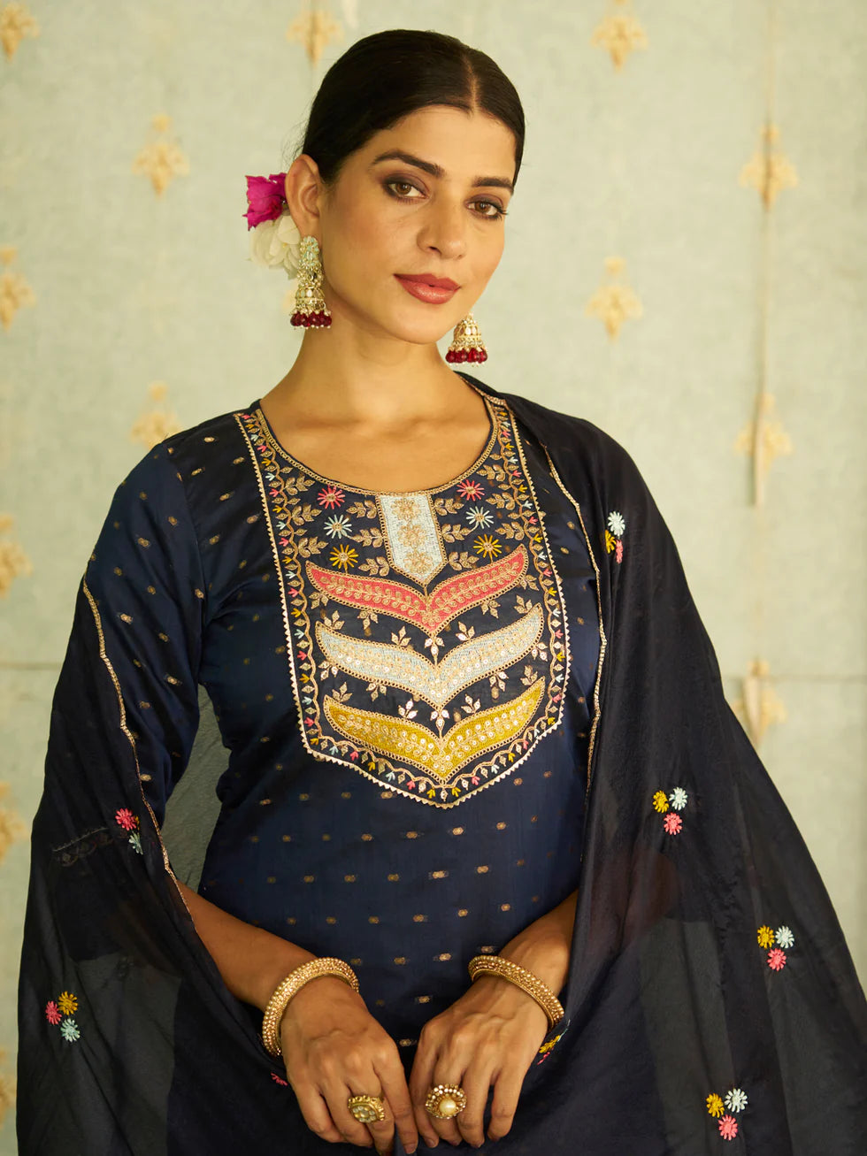 Floral Embroidered Chanderi Silk Round Neck Kurta Trouser And Dupatta Set