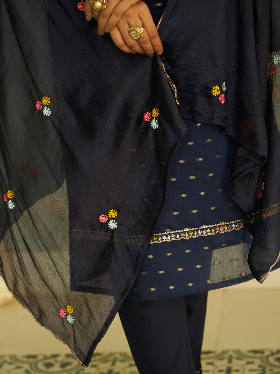 Floral Embroidered Chanderi Silk Round Neck Kurta Trouser And Dupatta Set