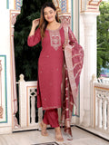 Floral Embroidered Rayon Round Neck Kurta Trouser And Dupatta Set