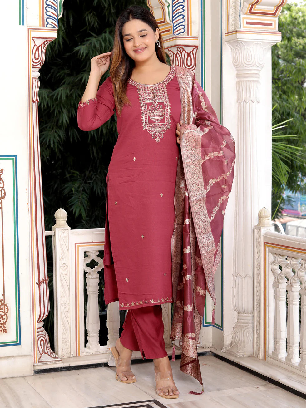 Floral Embroidered Rayon Round Neck Kurta Trouser And Dupatta Set