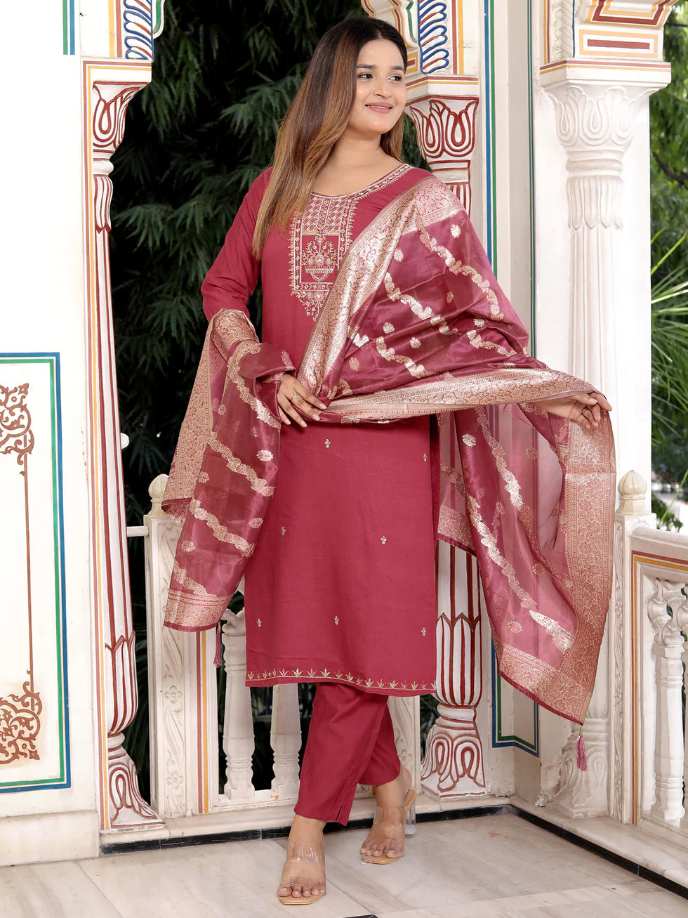 Floral Embroidered Rayon Round Neck Kurta Trouser And Dupatta Set