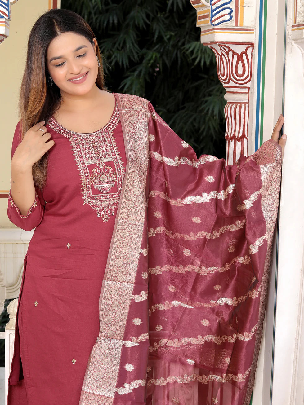Floral Embroidered Rayon Round Neck Kurta Trouser And Dupatta Set