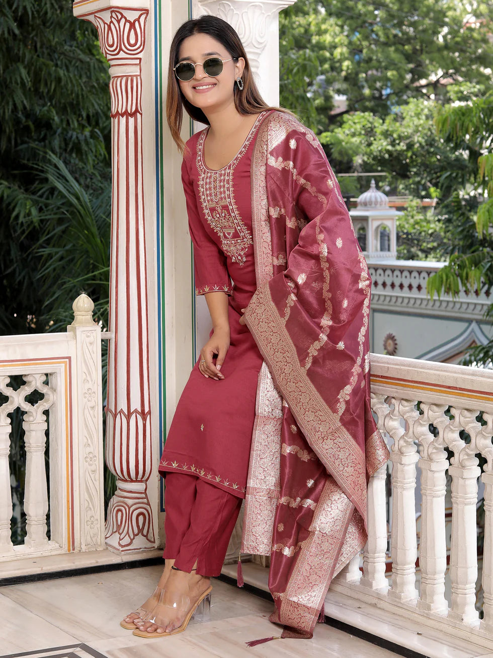 Floral Embroidered Rayon Round Neck Kurta Trouser And Dupatta Set
