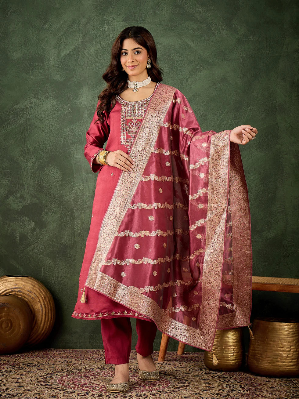 Floral Embroidered Viscose Rayon Round Neck Kurta Trouser & Dupatta Set