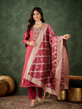 Floral Embroidered Viscose Rayon Round Neck Kurta Trouser & Dupatta Set
